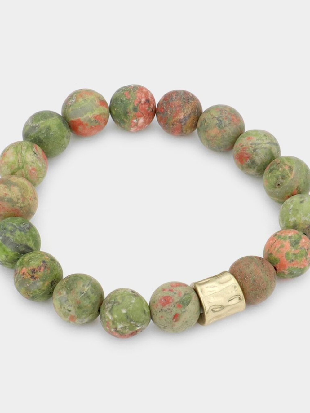 Green Unakite Jasper Semi Precious Stone Beaded Stretch Bracelet - Boho